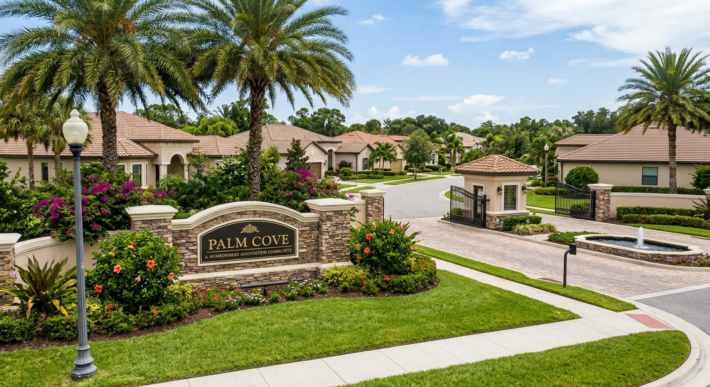 A landscaped Florida homeowners association community featuring palm trees, clean streets, and a welcoming neighborhood entrance, highlighting homeowners association living and community standards.